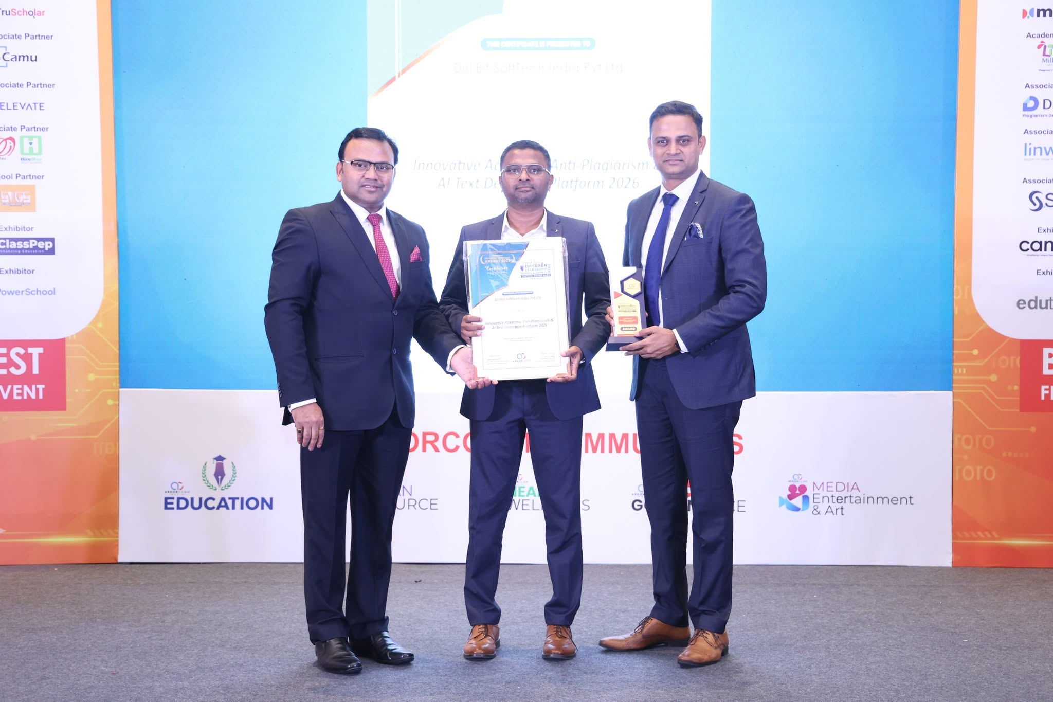 DrillBit Softtech India Pvt Ltd receiving the Innovative Academic Anti-Plagiarism & AI Text Detection Platform 2026 award at the ArdorComm Education Leadership Summit & Awards 2026, Chennai